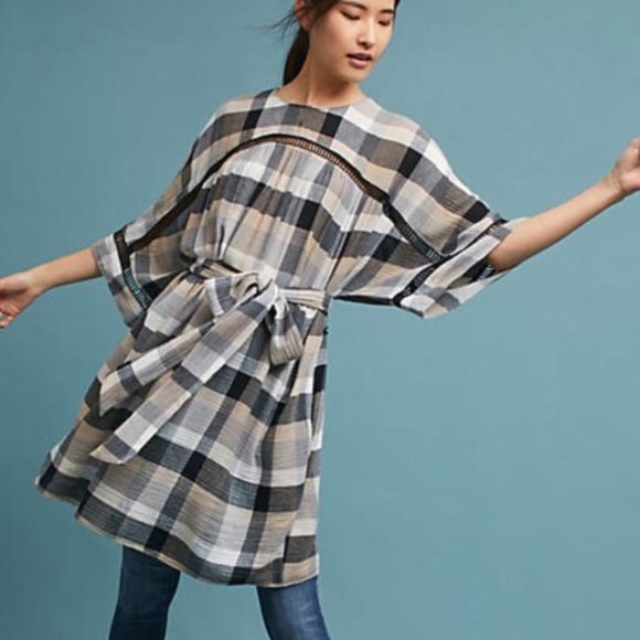 Anthropologie Maeve Tie-Waist Plaid Kimono Tunic Dress, no belt - Picture 1 of 5